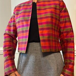 Vintage Retro Plaid Fuchsia Green Whimsical‎ Silk Indie Eclectic Small Blazer